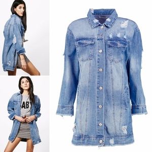 Boohoo Lucy distressed longline denim jacket S/M